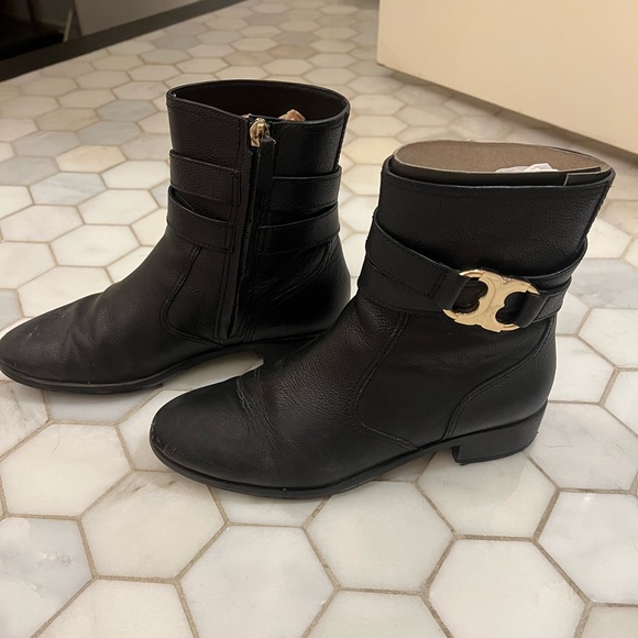 Tory Burch Gemini Link Black Pebble Leather Ankle Booties - Picture 3 of 7